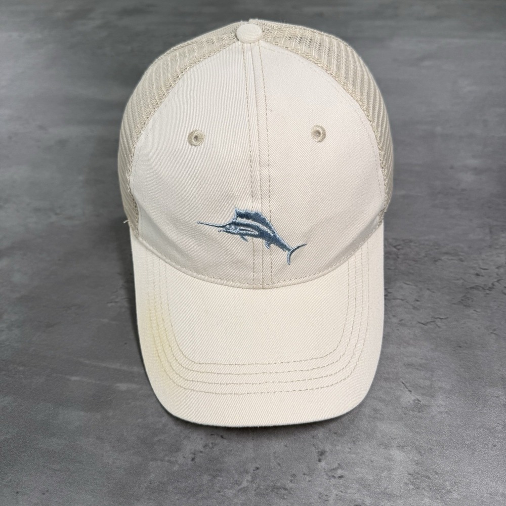Tommy Bahama Hat Tan Khaki Blue Marlin Sailfish Cotton Mesh Trucker Cap Fishing